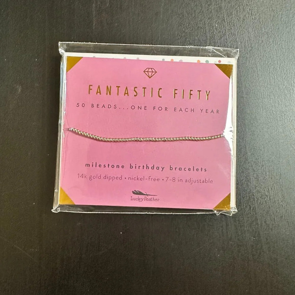 NIB LUCKY FEATHER 14K Gold Dipped Milestone 50th Birthday Stretch Bracelet - Picture 5 of 7